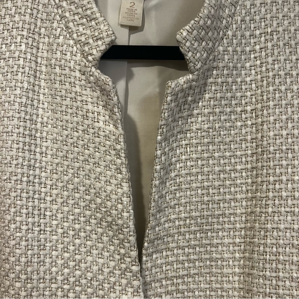 Chico’s Textured Embellished Trim Cream and Gold Open Front jacket size large - Picture 4 of 11